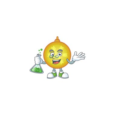 Sarı noel balosu komik bir profesör çizgi film karakteri elinde cam tüp tutuyor..