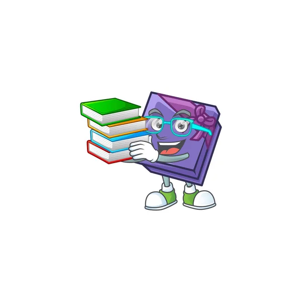 Estudante com livro caixa de presente roxo mascote estilo de personagem de desenho animado — Vetor de Stock