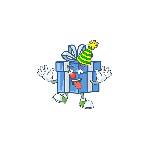 Lindo payaso caja de regalo azul colocada en el diseño de estilo de personaje de dibujos animados — Archivo Imágenes Vectoriales