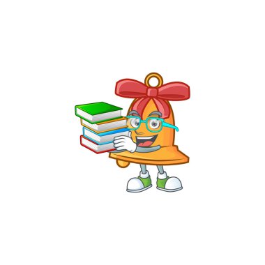 Noel çanı maskot karakteri tarzında kitap okuyan öğrenci.
