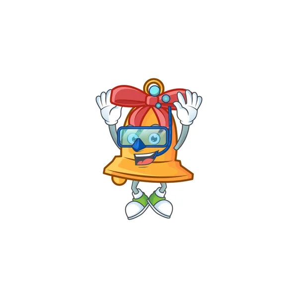 Sorrindo natal sino desenho animado personagem estilo vestindo óculos de mergulho — Vetor de Stock