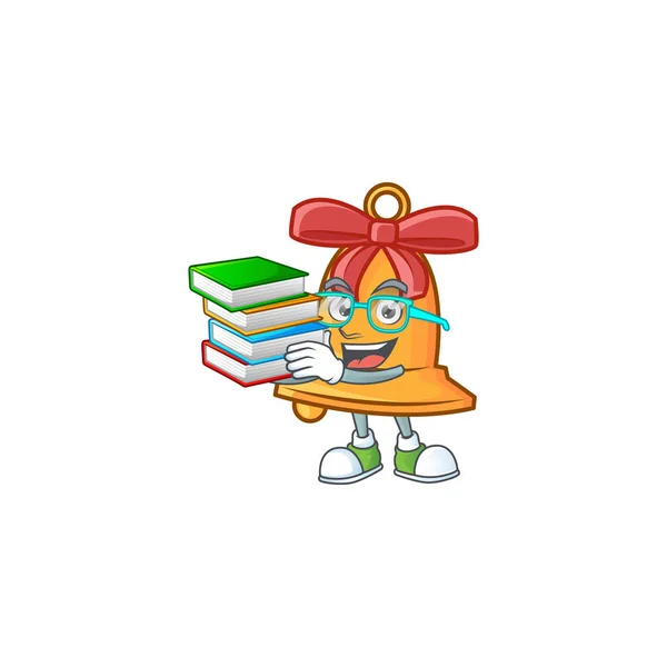 Student mit Buch Weihnachtsglocke Maskottchen Cartoon-Charakter-Stil — Stockvektor