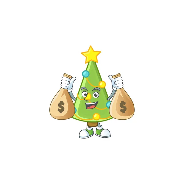 Mignon arbre de Noël décoration personnage de dessin animé souriant avec sac d'argent — Image vectorielle