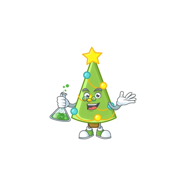 Professor inteligente árvore de natal decoração desenho animado personagem segurando tubo de vidro — Vetor de Stock
