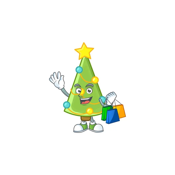 Alegre árbol de navidad decoración de dibujos animados carácter ondeando y sosteniendo bolsas de compras — Archivo Imágenes Vectoriales