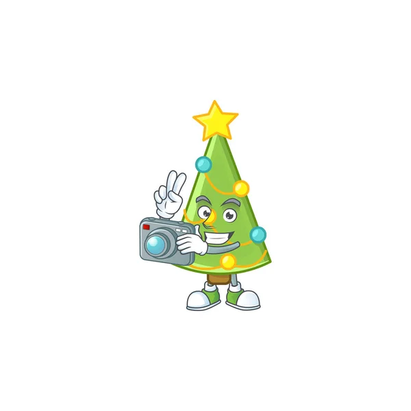 Un photographe professionnel arbre de Noël décoration personnage de dessin animé avec un appareil photo — Image vectorielle
