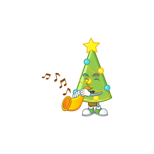 トランペットで超クールなクリスマスツリーの装飾漫画のキャラクターパフォーマンス — ストックベクタ