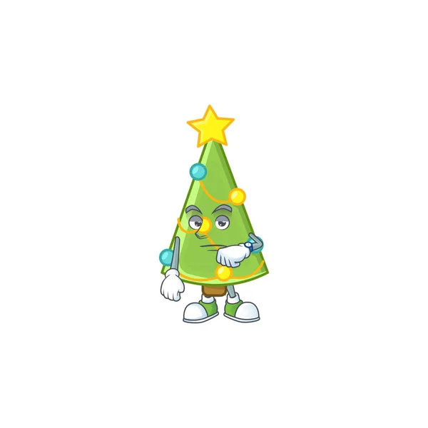 Waiting christmas tree decoration on cartoon mascot style design — Stock Vector