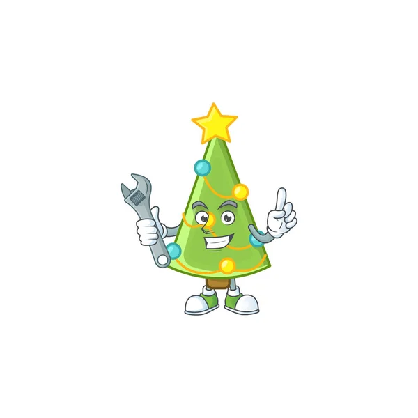 Professionele Mechanic kerstboom decoratie mascotte cartoon karakter stijl — Stockvector