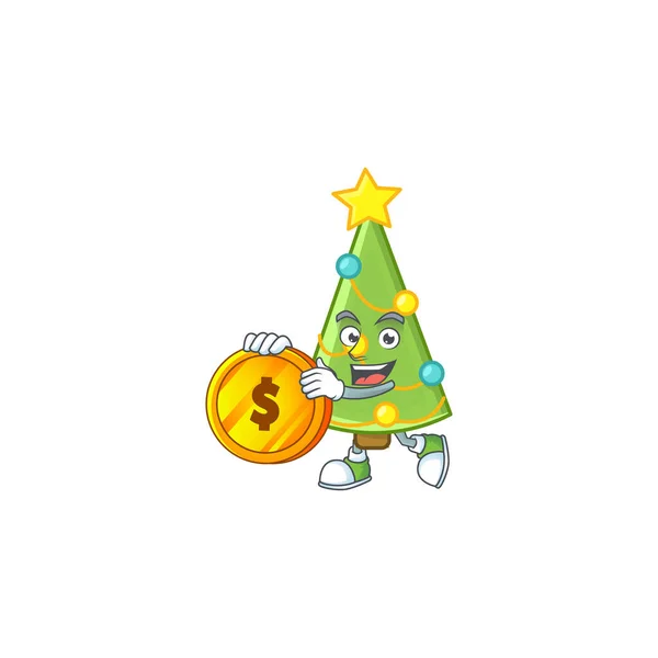 Heureux arbre de Noël décoration personnage de dessin animé avec pièce d'or — Image vectorielle