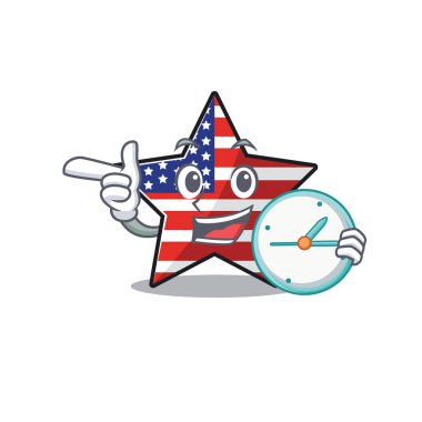 Usa star cartoon with bring clock above character table vector