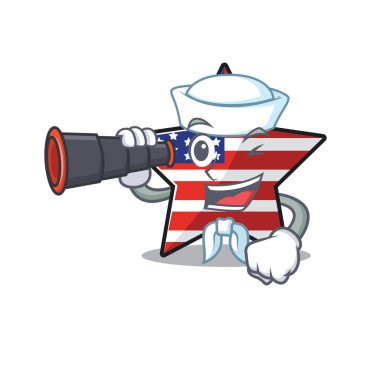 Confident happy usa star character sailor holding binocular mascot vector
