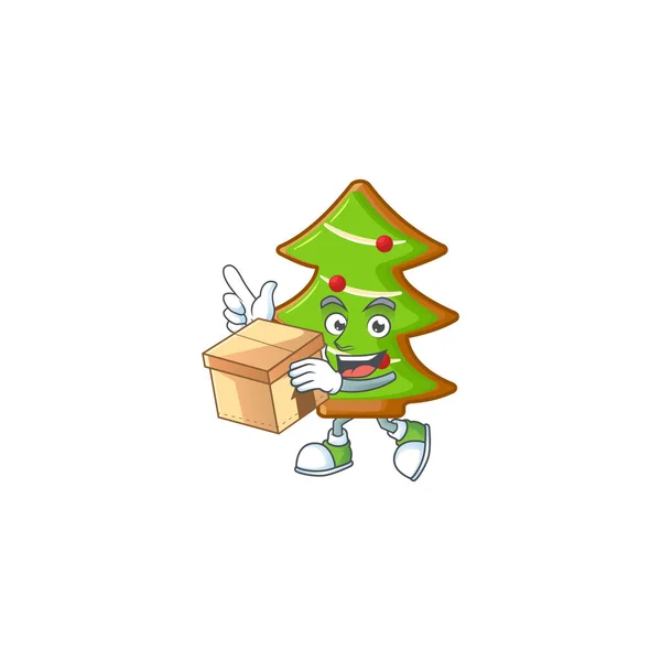 Con caja Super Funny árboles galletas estilo personaje de dibujos animados — Vector de stock