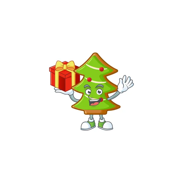 Mascota de árboles galletas carácter encima de un regalo — Archivo Imágenes Vectoriales