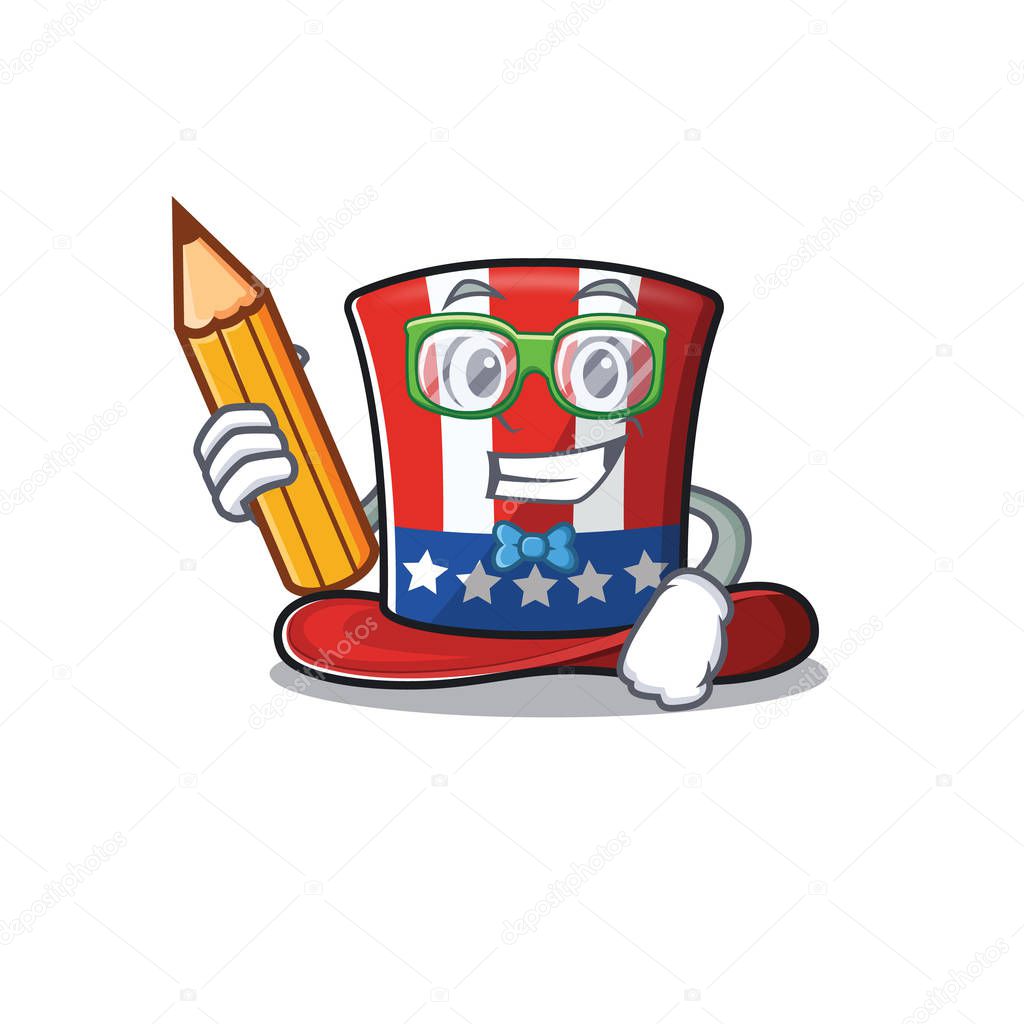 Uncle sam hat student holding pencil mascot