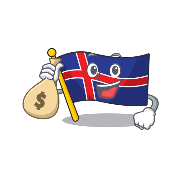 Bandeira iceland segurando saco de dinheiro com feliz —  Vetores de Stock