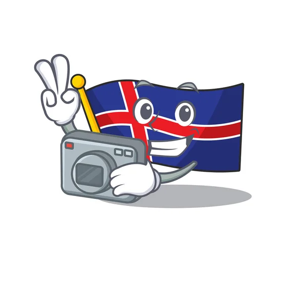 Mascotte bandiera iceland cartone animato sul fotografo — Vettoriale Stock