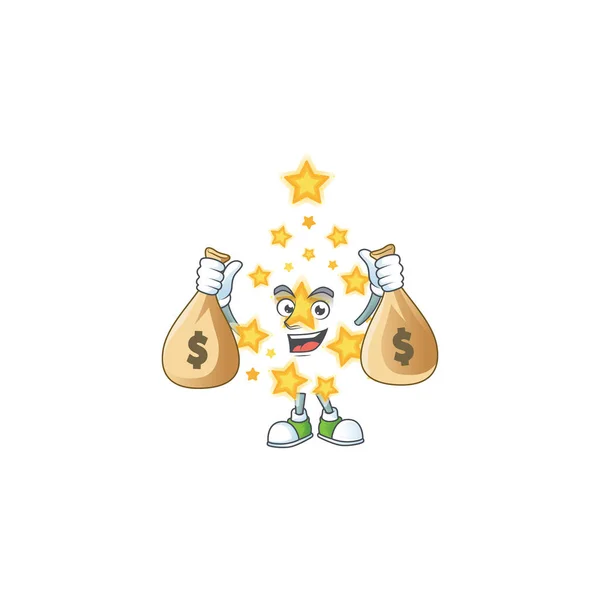 Bonito Natal estrela desenho animado personagem sorridente com saco de dinheiro — Vetor de Stock