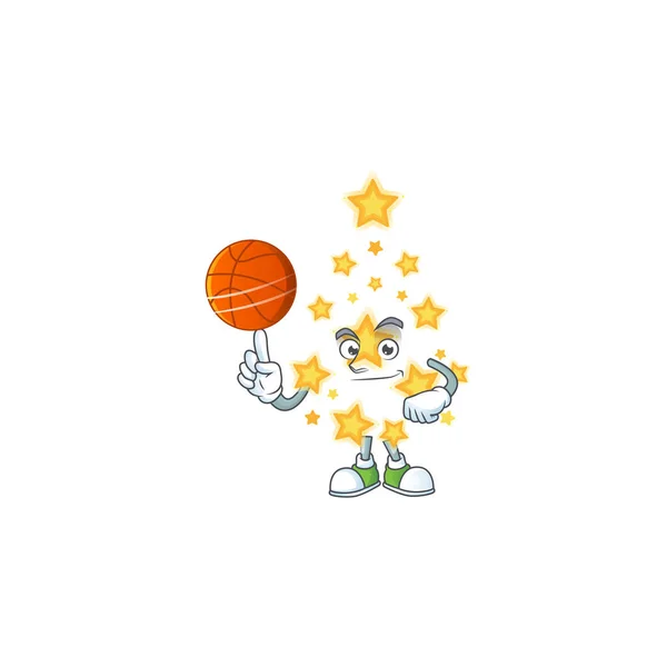 Mascotte de style de personnage de dessin animé étoile de Noël avec basket-ball — Image vectorielle