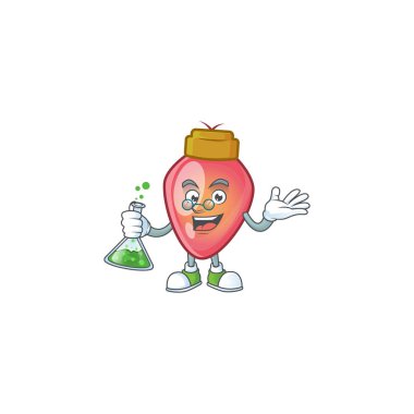 Akıllı Profesör kırmızı noel lambası çizgi film karakteri cam tüp tutuyor.