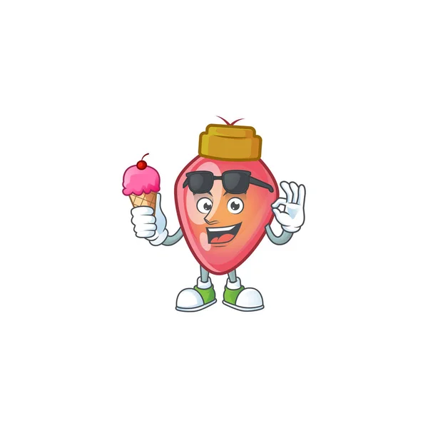 Mascotte de personnage avec ampoule de Noël rouge et crème glacée — Image vectorielle