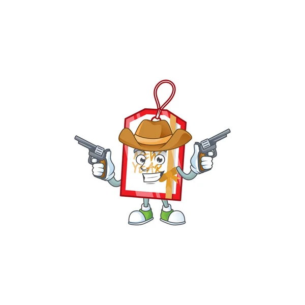 Šťastný nový rok tag kreslený postava jako kovboj drží zbraně — Stockový vektor
