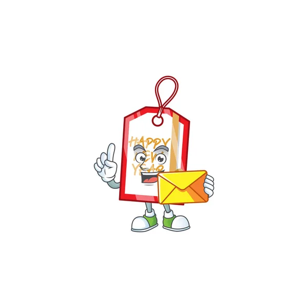 Com envelope feliz rosto feliz ano novo Tag mascote estilo cartoon — Vetor de Stock