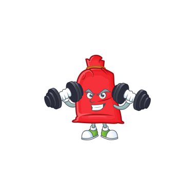 Spor salonu Noel Baba çantası. Çizgi film karakteri elinde halter tutuyor.