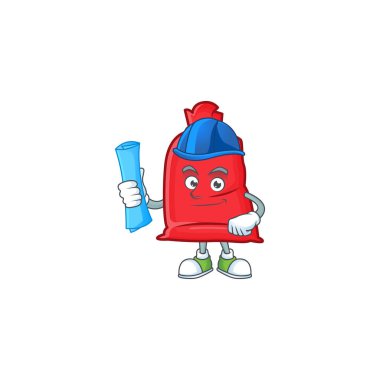 Neşeli Mimar Noel Baba çantası. Üzerinde mavi izler olan yakın çizgi film tarzı.