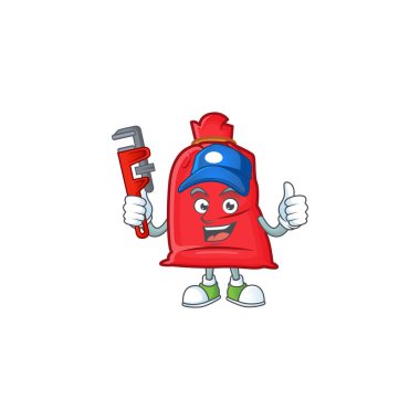 Tesisatçı Noel Baba çantası çizgi film karakteri maskot tasarımına yakın.