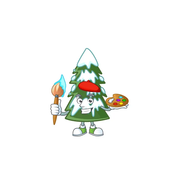Veselé Vánoce strom sníh malíř kreslený postava se štětcem — Stockový vektor