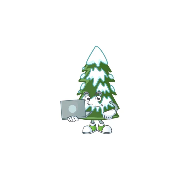 Buon Natale sorridente albero di neve personaggio dei cartoni animati che lavorano con il computer portatile — Vettoriale Stock