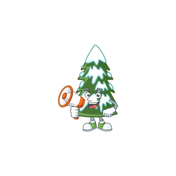 Vtipný kreslený styl vánoční strom sníh s megafonem — Stockový vektor
