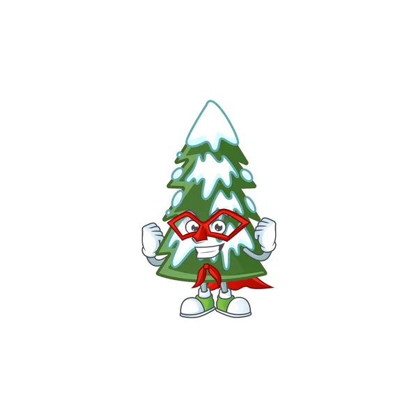 Een cartoon van Kerstmis boom sneeuw dragend kostuum van Super held — Stockvector