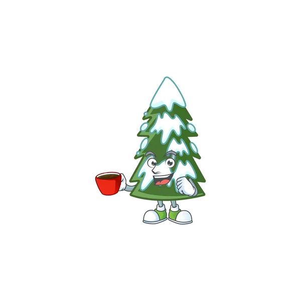 Dolce Natale albero di neve personaggio dei cartoni animati con una tazza di caffè — Vettoriale Stock