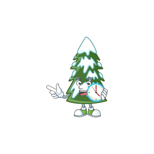 З годинником усміхнений різдвяна ялинка сніг мультфільм стиль талісмана — стоковий вектор