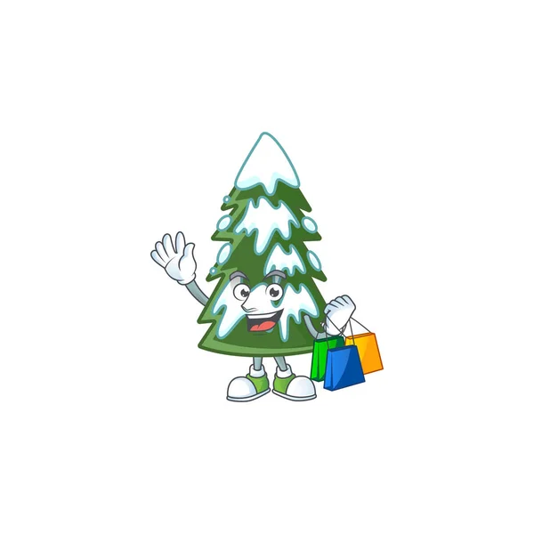 Allegro albero di Natale neve personaggio dei cartoni animati agitando e tenendo borse della spesa — Vettoriale Stock