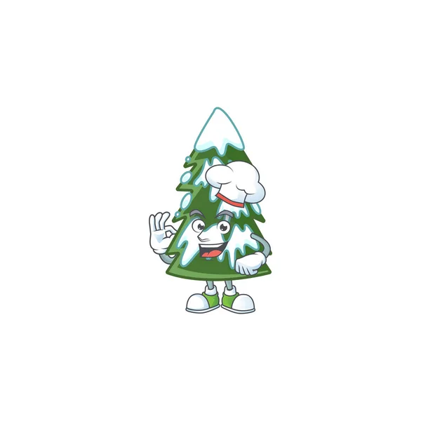 Щасливий кухар Різдвяна ялинка сніговий мультяшний персонаж з білим капелюхом — стоковий вектор