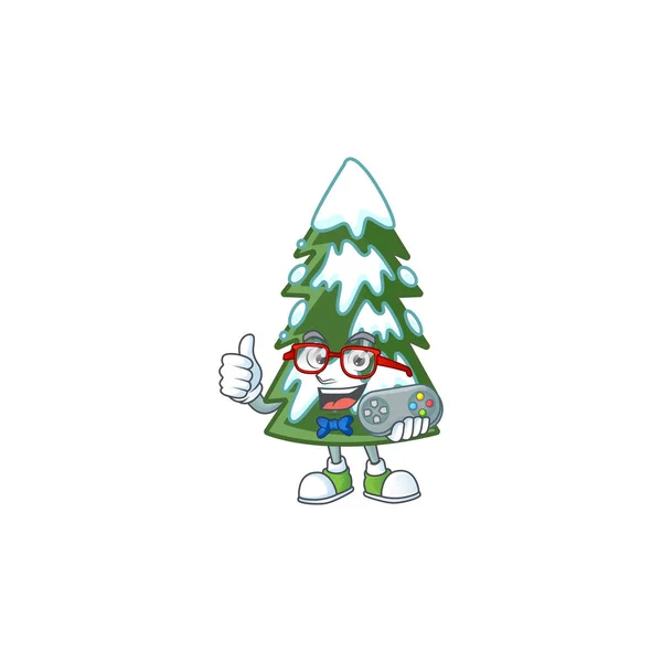 Lindo geek gamer navidad árbol nieve dibujos animados carácter estilo — Vector de stock