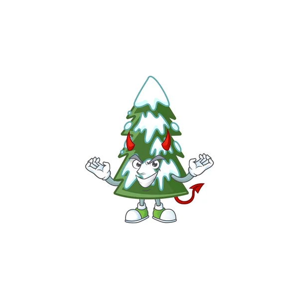 크리스마스 트리 눈의 마스코트 만화 악마의 제스처 디자인 — 스톡 벡터