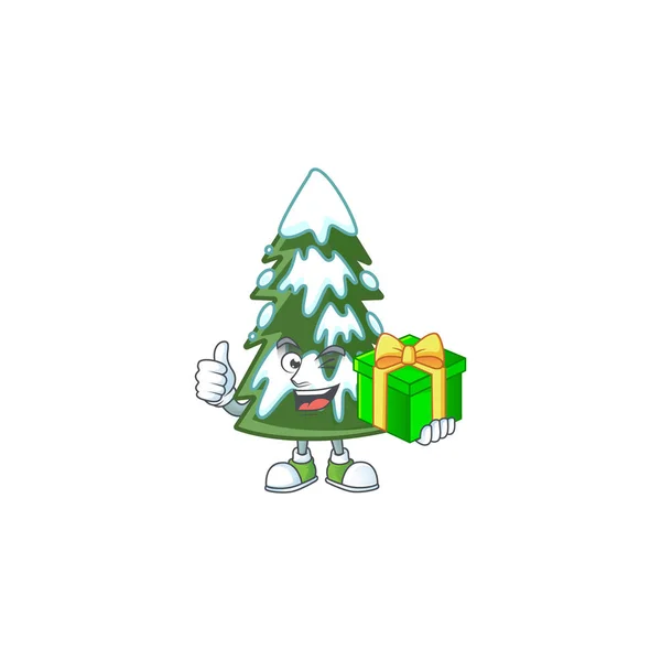 Personaggio dei cartoni animati di felice albero di Natale neve con scatola regalo — Vettoriale Stock