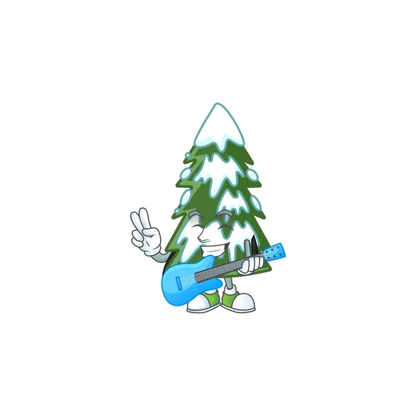 Super cool vánoční strom sníh kreslený postava výkon s kytarou — Stockový vektor