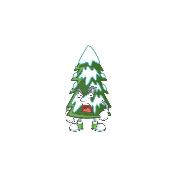 Mascote de árvore de natal com raiva desenho animado de neve personagem —  Vetores de Stock