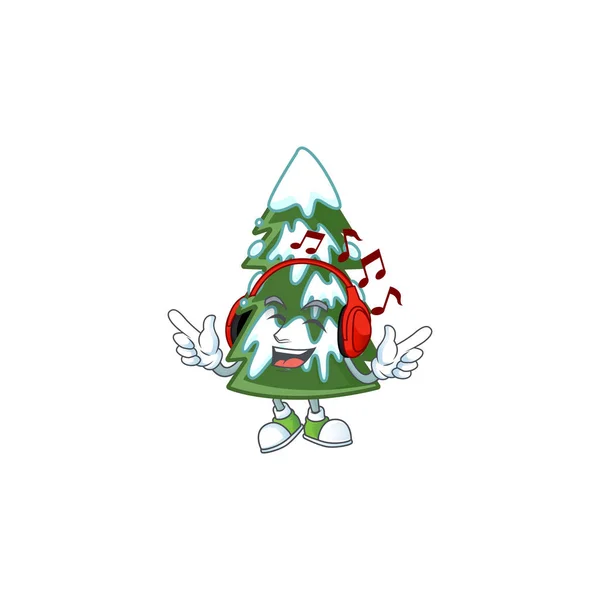 Ascolto musica albero di Natale neve mascotte stile disegno del fumetto — Vettoriale Stock