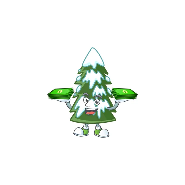 Smiley confiant arbre de Noël caractère de neige avec de l'argent à portée de main — Image vectorielle