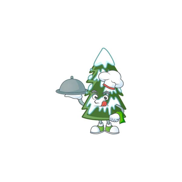 Sorridente albero di Natale neve come uno Chef con design stile cartone animato cibo — Vettoriale Stock