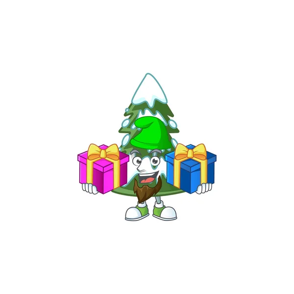 Super mignon arbre de Noël dessin animé de neige avec des cadeaux de Noël — Image vectorielle