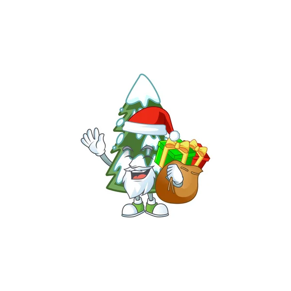 산타 할아버지 선물 가방 크리스마스 트리 눈 만화 캐릭터 디자인 — 스톡 벡터