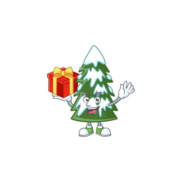 Mascotte di Natale albero di neve personaggio su un regalo — Vettoriale Stock