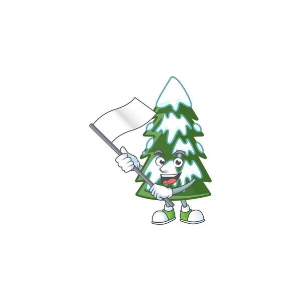 Carino bandiera in piedi con albero di Natale neve stile personaggio cartone animato — Vettoriale Stock